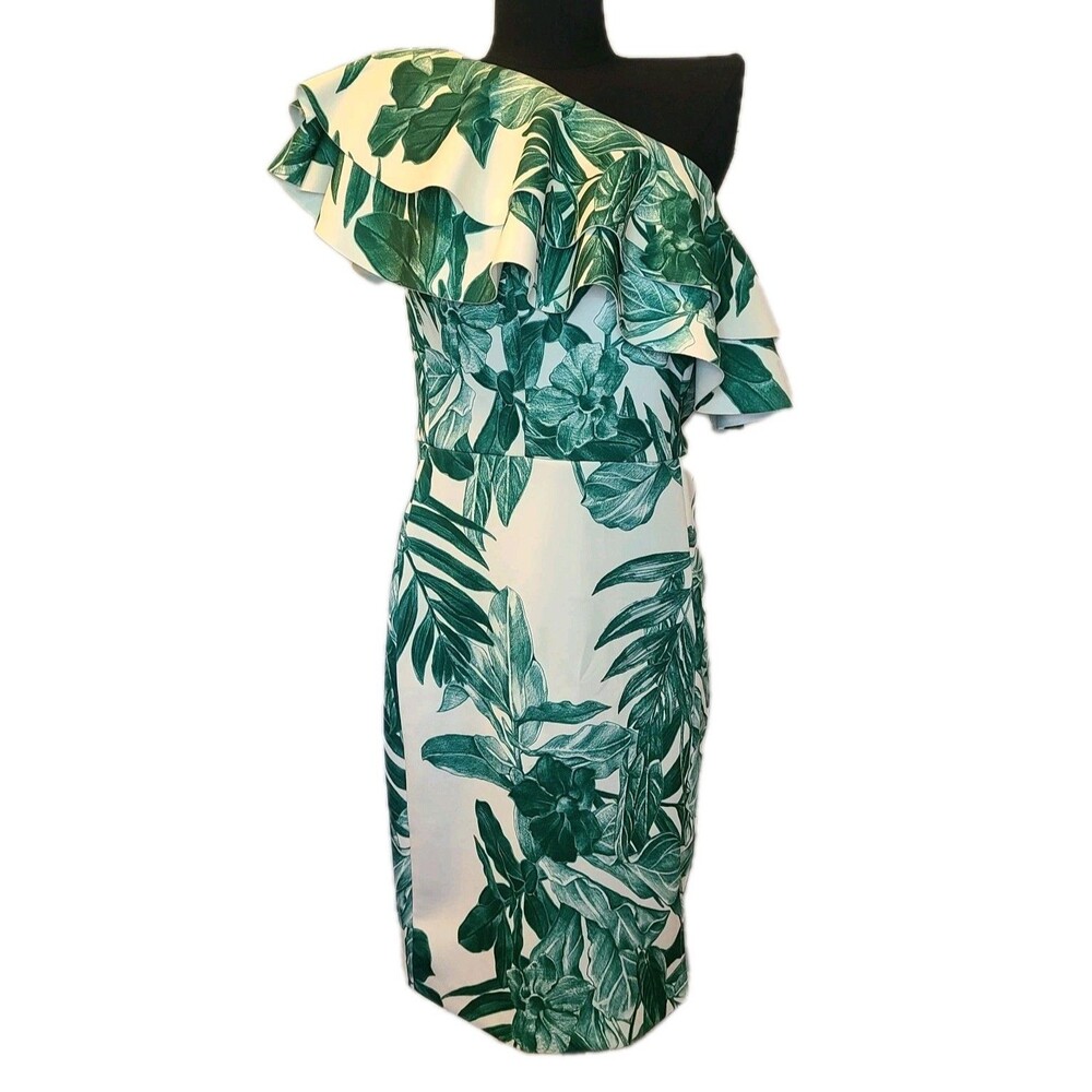 ALEXIA ADMOR One-Shoulder Ruffle Sleeve Sheath Dress, S, Scuba Palm Green White